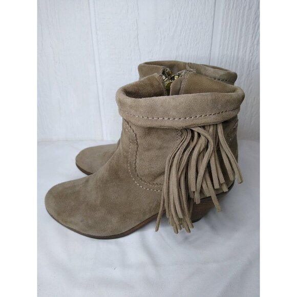 Sam Edelman WOMEN'S Size 7 US Tan Suede Louie Fringe Ankle Boots Stacked Heel - Picture 3 of 12